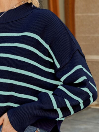 Trendsi Swester Gypsy Round Neck Striped Lantern Sleeve Sweater