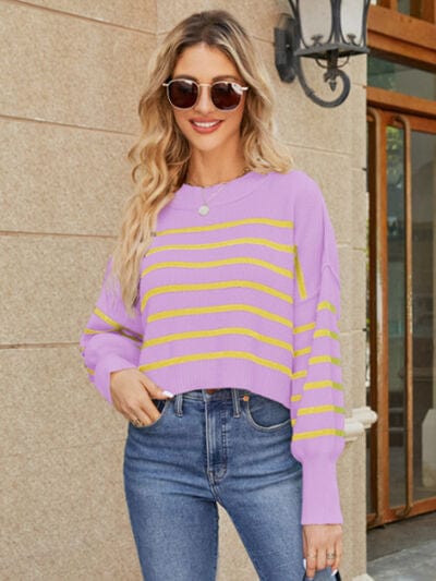 Trendsi Swester Heliotrope Purple / XS Gypsy Round Neck Striped Lantern Sleeve Sweater