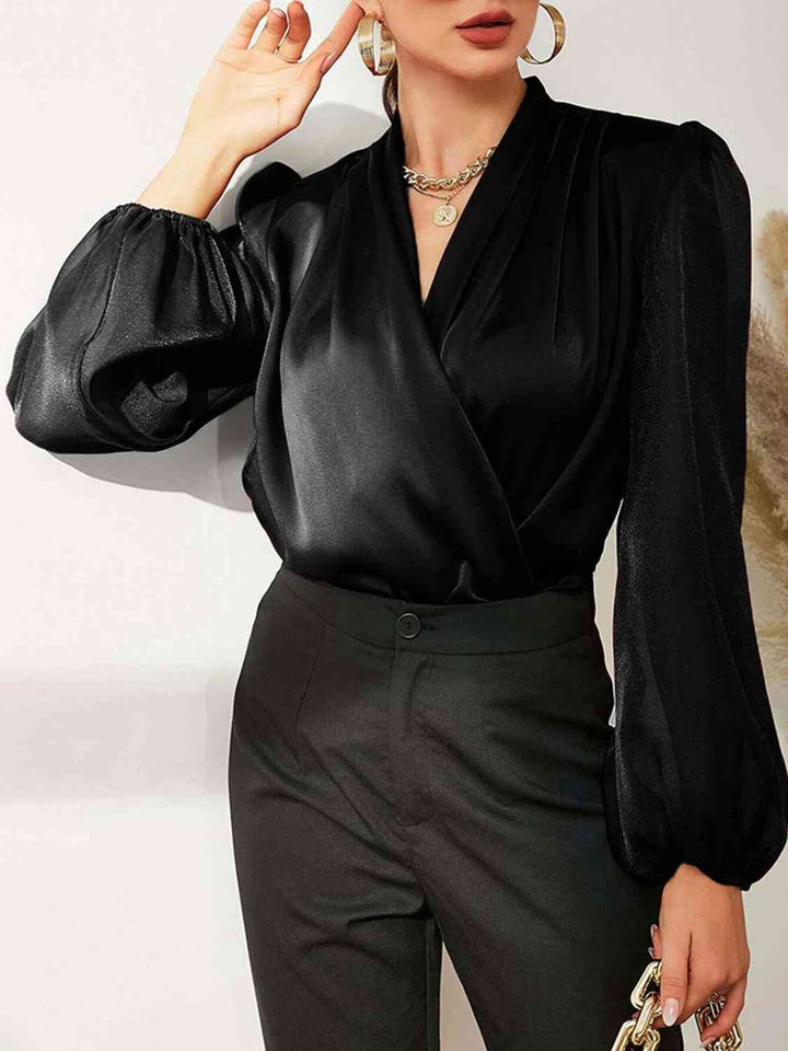 Trendsi top Black / S Gypsy Pleated Detail Balloon Sleeve Blouse