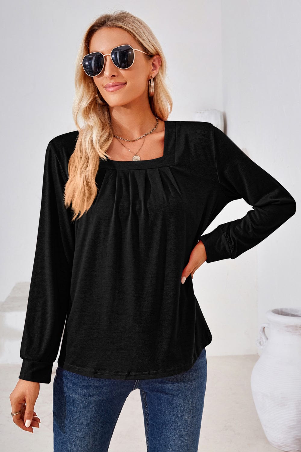 Trendsi top Black / S Gypsy Space Square Neck Ruched Long Blouse