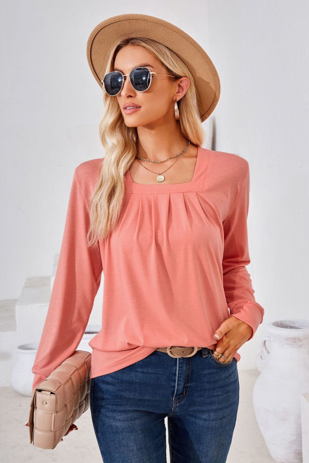 Trendsi top Burnt Coral / S Gypsy Space Square Neck Ruched Long Blouse