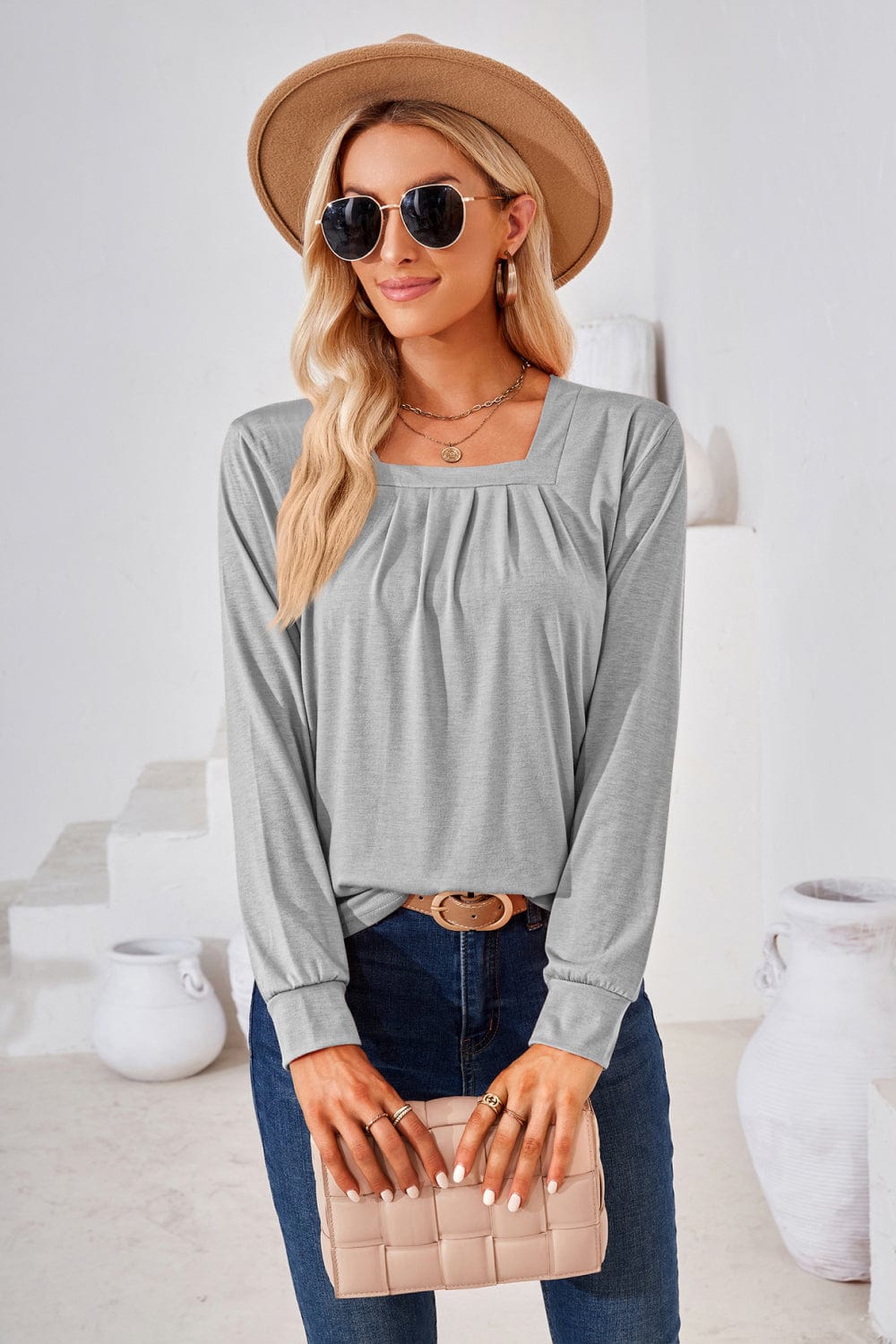 Trendsi top Gypsy Space Square Neck Ruched Long Blouse