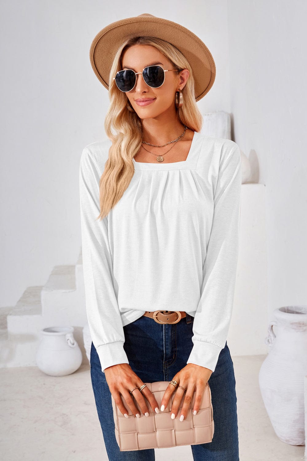 Trendsi top Gypsy Space Square Neck Ruched Long Blouse