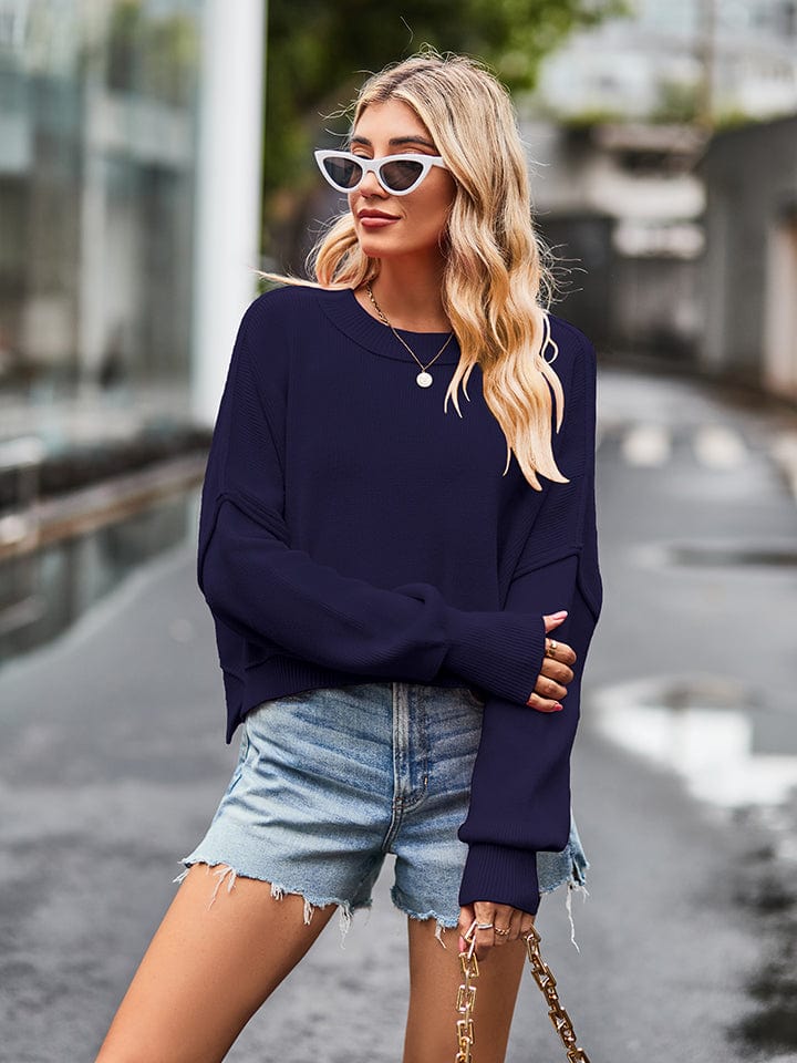 Trendsi top Navy / S Gypsy Mandy Round Neck Long Sleeve Knit Top