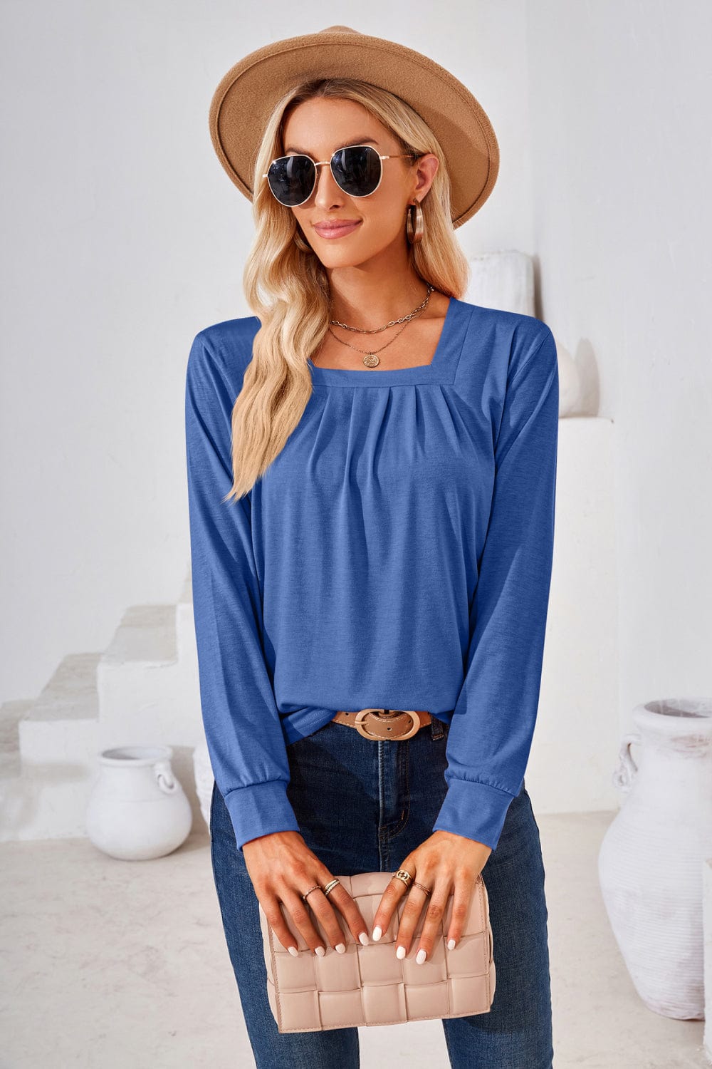 Trendsi top Royal  Blue / S Gypsy Space Square Neck Ruched Long Blouse