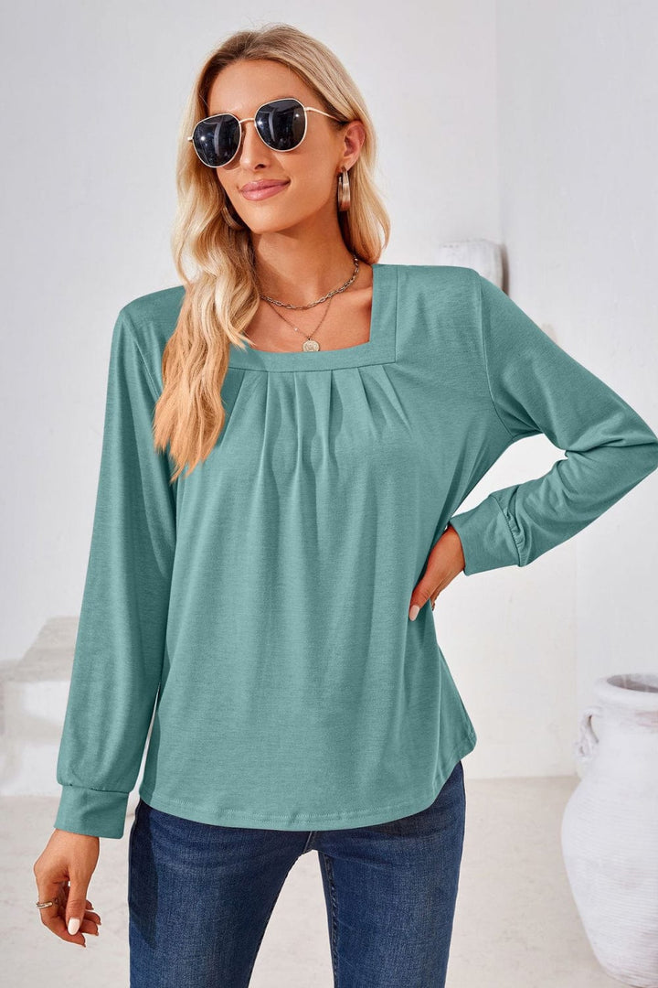 Trendsi top Teal / S Gypsy Space Square Neck Ruched Long Blouse