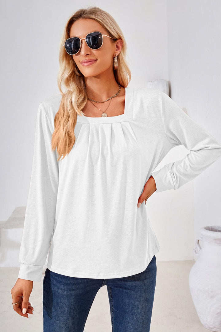Trendsi top White / S Gypsy Space Square Neck Ruched Long Blouse