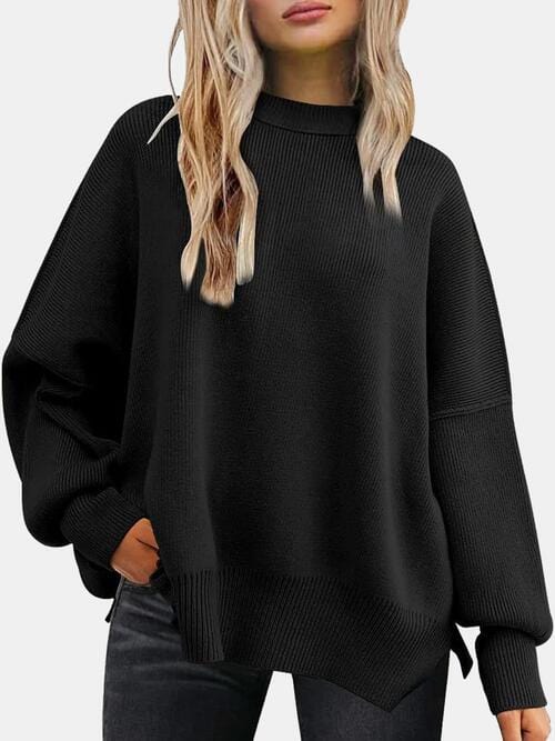 Trendsi Tops Black / S Gypsy Levi Round Neck Drop Shoulder Slit Sweater
