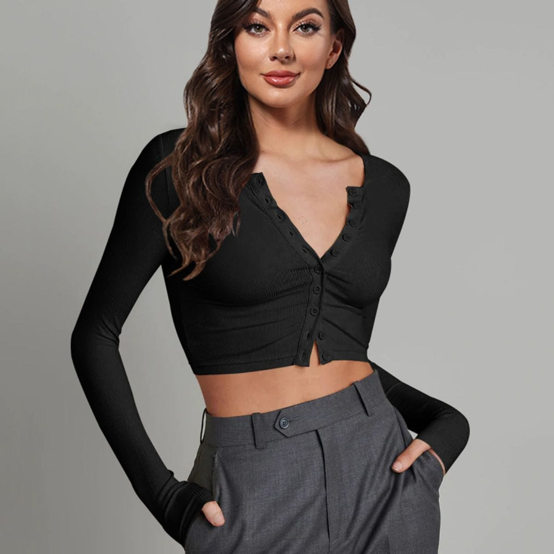 Trendsi tops Black / S Gypsy Muddle Button Down Long Sleeve Cropped Top