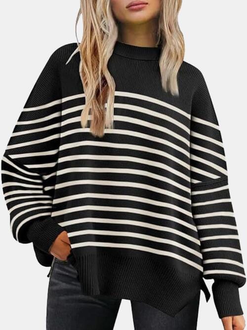 Trendsi Tops Black/White / S Gypsy Levi Round Neck Drop Shoulder Slit Sweater