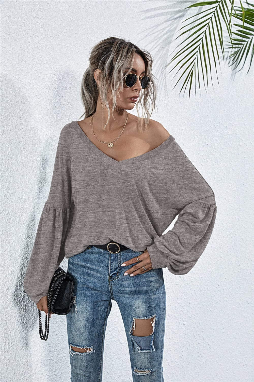 Trendsi tops Charcoal / S Gypsy Lillian Long Sleeve Dropped Shoulder Knit Top