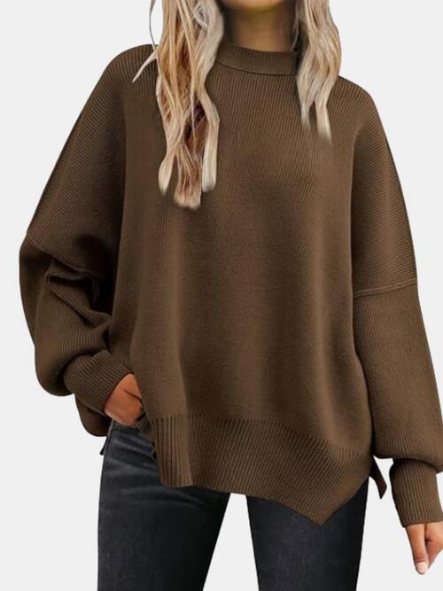 Trendsi Tops Chocolate / S Gypsy Levi Round Neck Drop Shoulder Slit Sweater