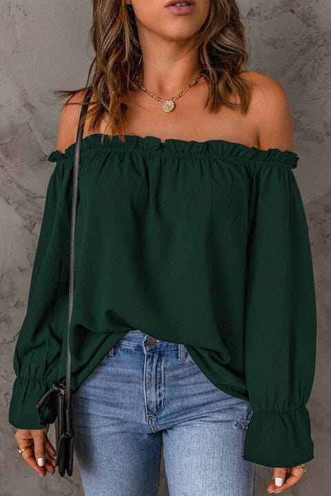 Trendsi tops Green / S Gypsy Vivian Off-Shoulder Flounce Sleeve Blouse