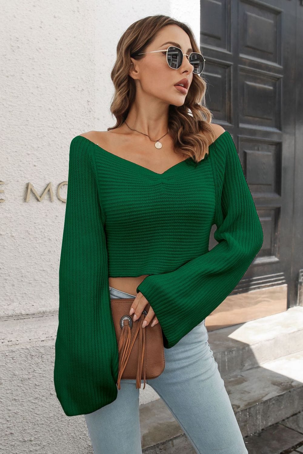 Trendsi tops Gypsy Indie Cropped V-Neck Flare Sleeve Knit Top