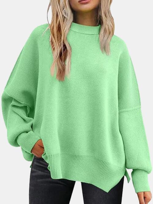 Trendsi Tops Mint Green / S Gypsy Levi Round Neck Drop Shoulder Slit Sweater
