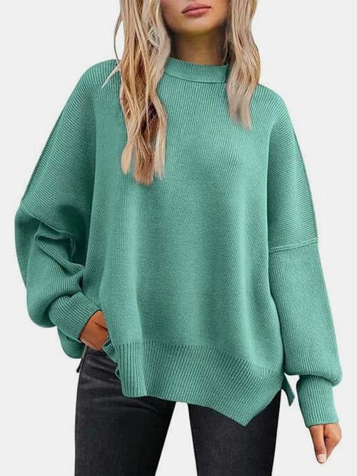 Trendsi Tops Turquoise / S Gypsy Levi Round Neck Drop Shoulder Slit Sweater