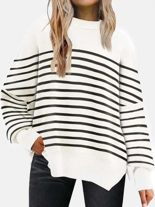 Trendsi Tops white stripes / S Gypsy Levi Round Neck Drop Shoulder Slit Sweater