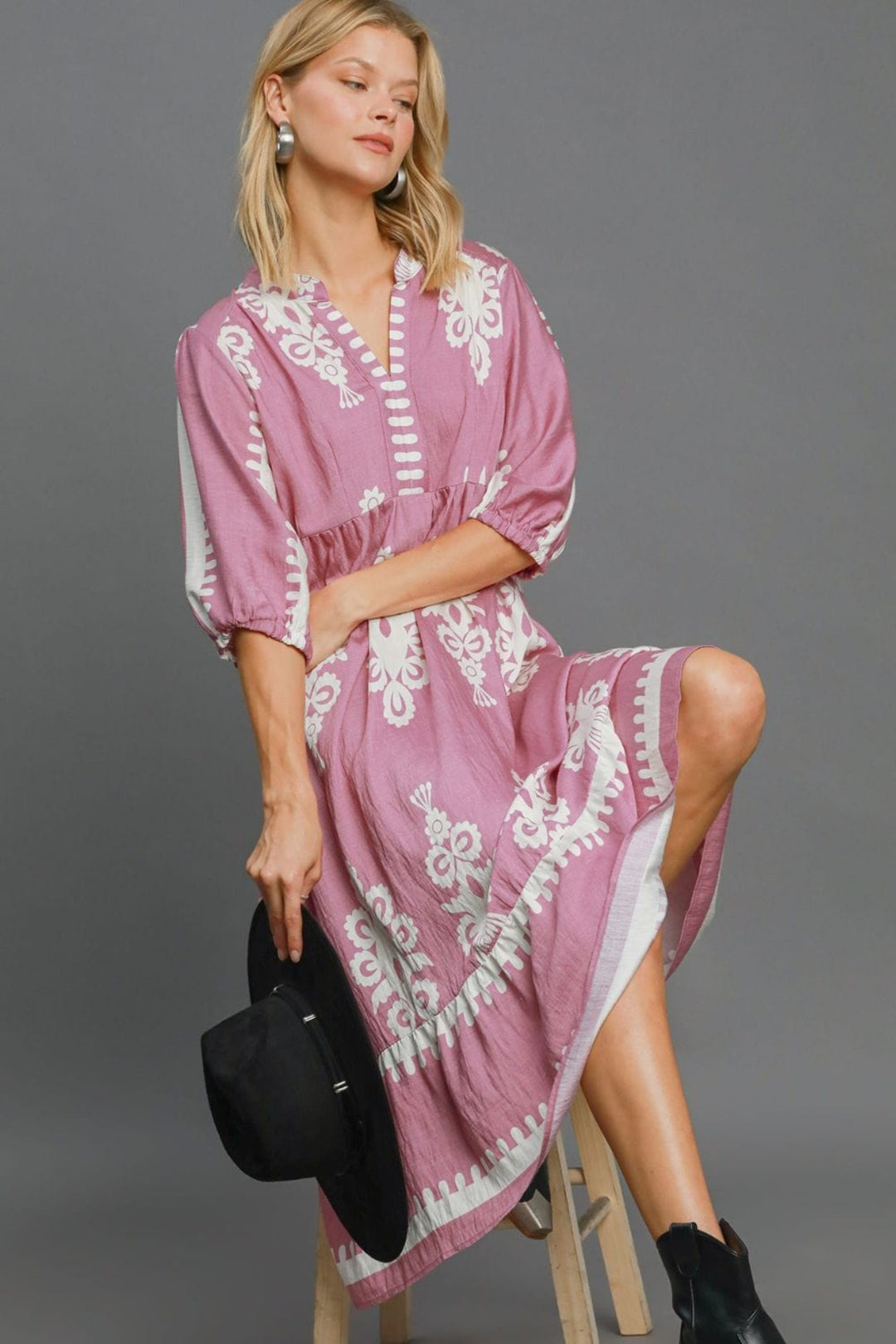 Trendsi Um gee Printed Notched Midi Dress