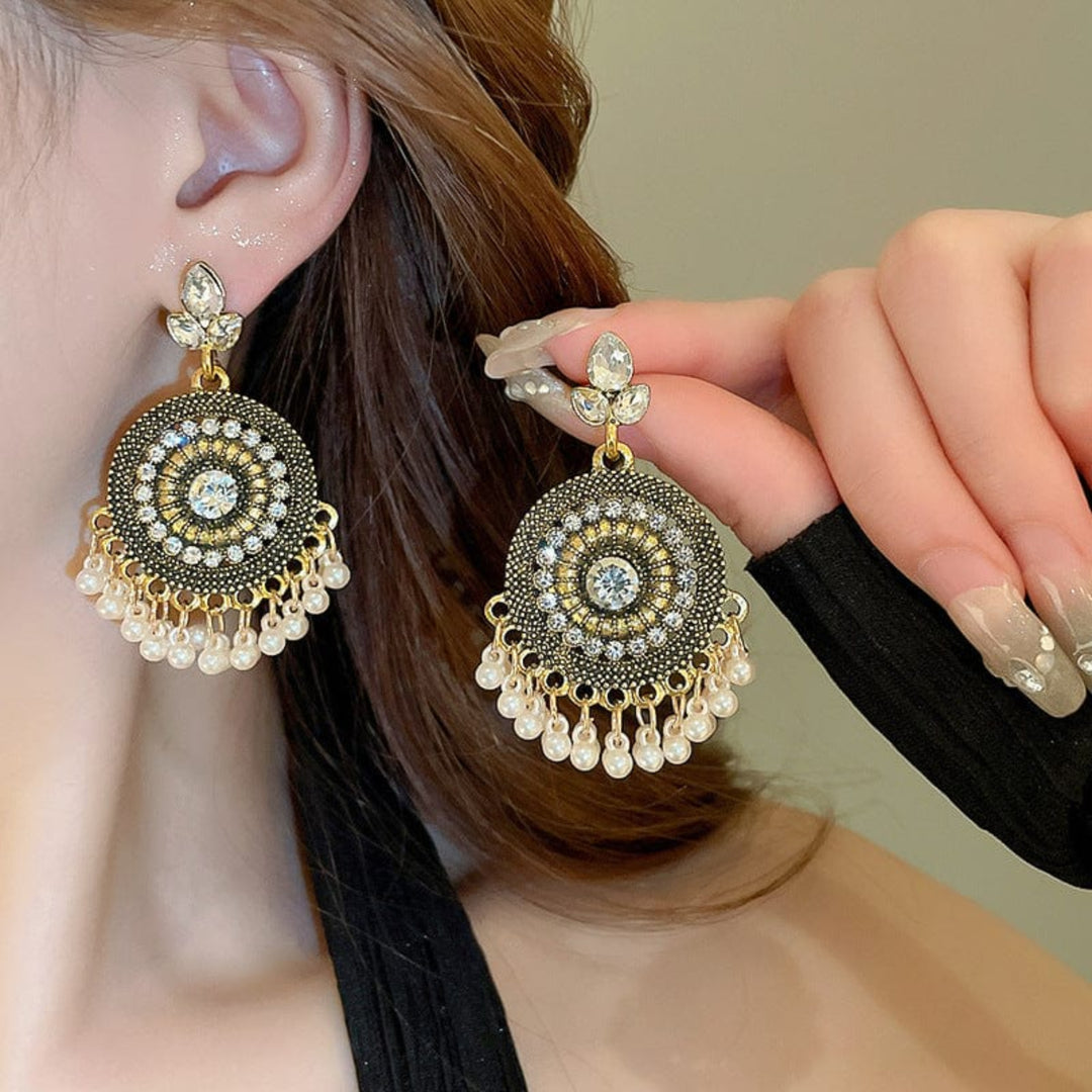 Trendsi White / One Size Rhinestone Alloy Bead Dangle Earrings
