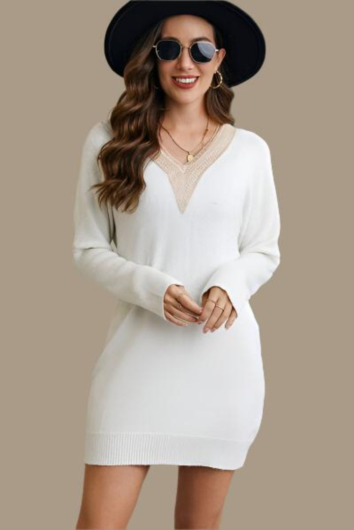 Trendsi White / S Gypsy Neeve V-Neck Long Sleeve Mini Sweater Dress