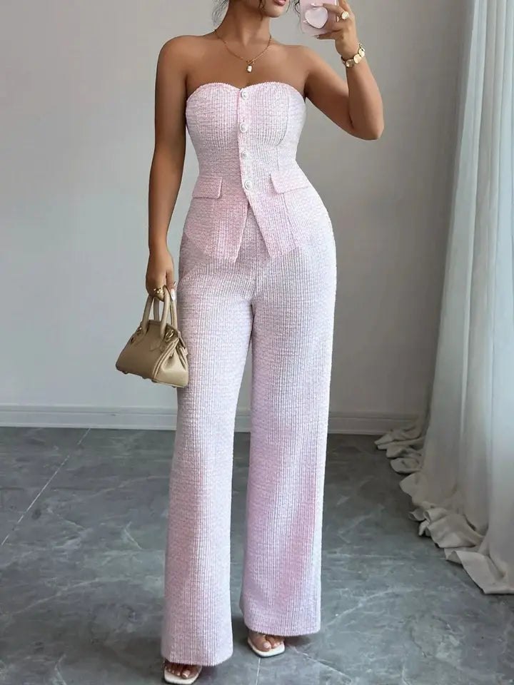Blush pink ribbed sweetheart neck tube top and wide-leg pants two-piece set styled with beige handbag and layered gold jewelry for date night.