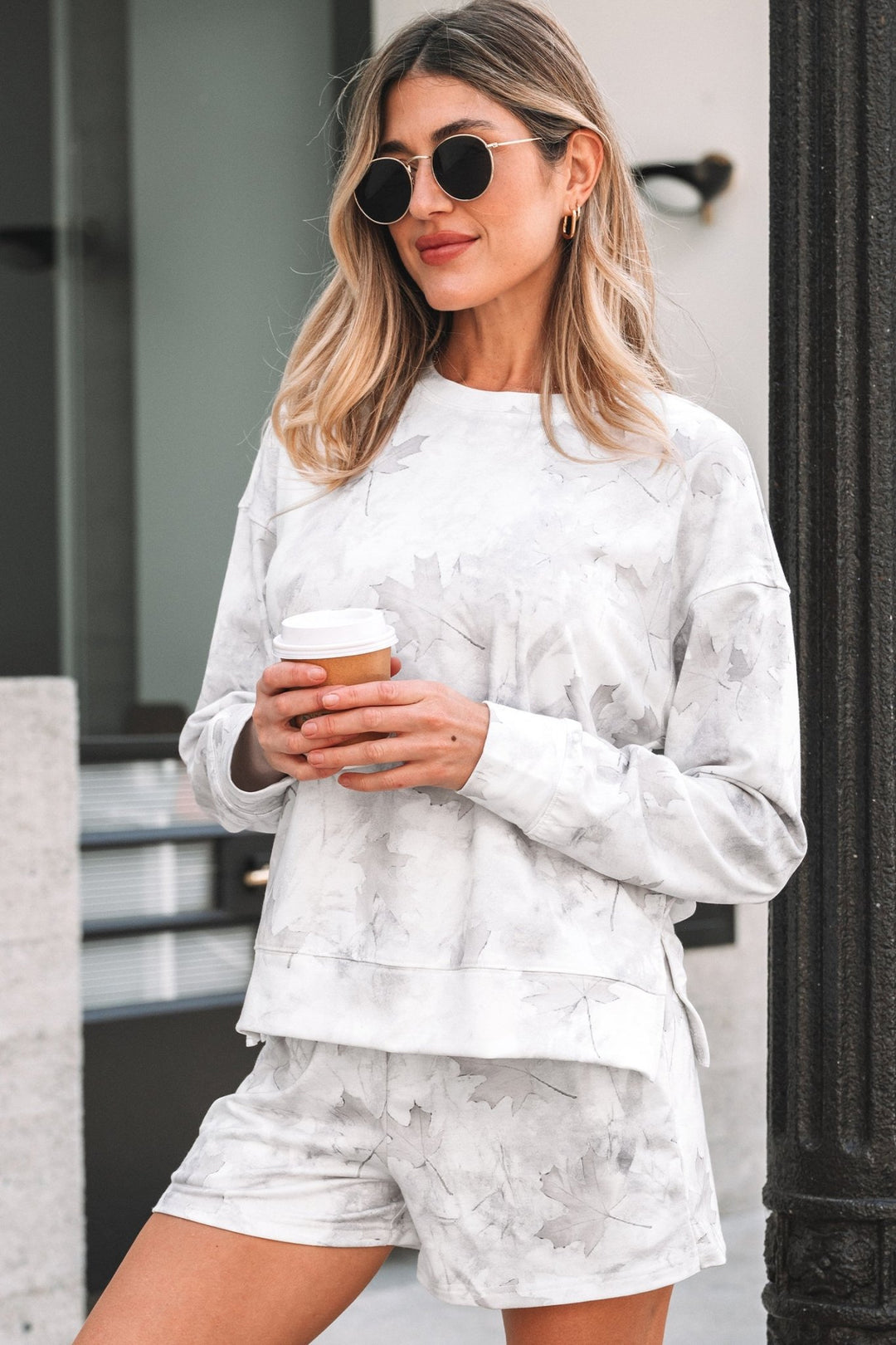 Beige Camo 2 Piece Lounge Set (Pullover + Shorts) - Trendy Two Piece Sets/Short Sets in Beige for Women | The802Gypsy