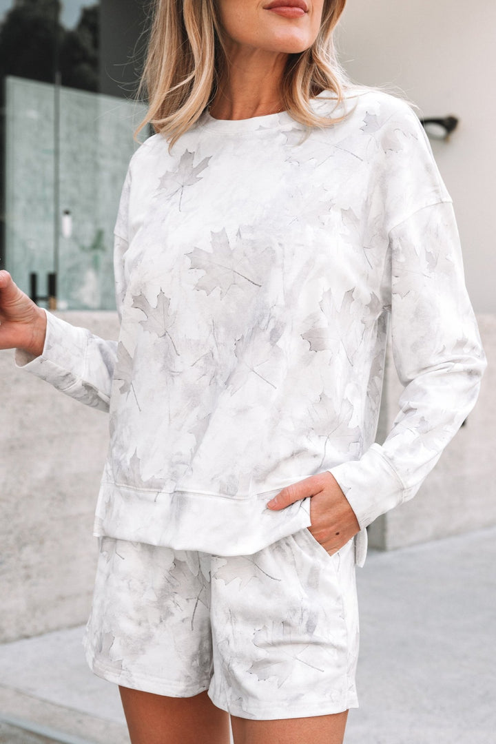 Beige Camo 2 Piece Lounge Set (Pullover + Shorts) - Trendy Two Piece Sets/Short Sets in Beige for Women | The802Gypsy