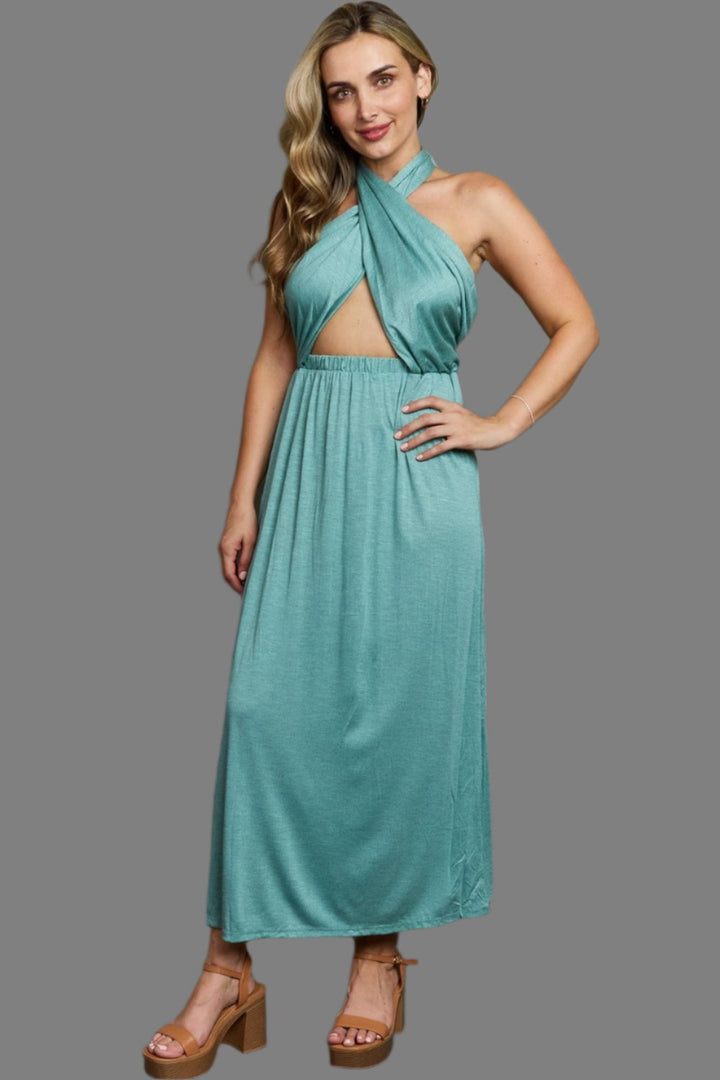 The802Gypsy Dresses Teal / S ❤GYPSY-Ninexis Criss Cross Halter Neck Maxi Dress